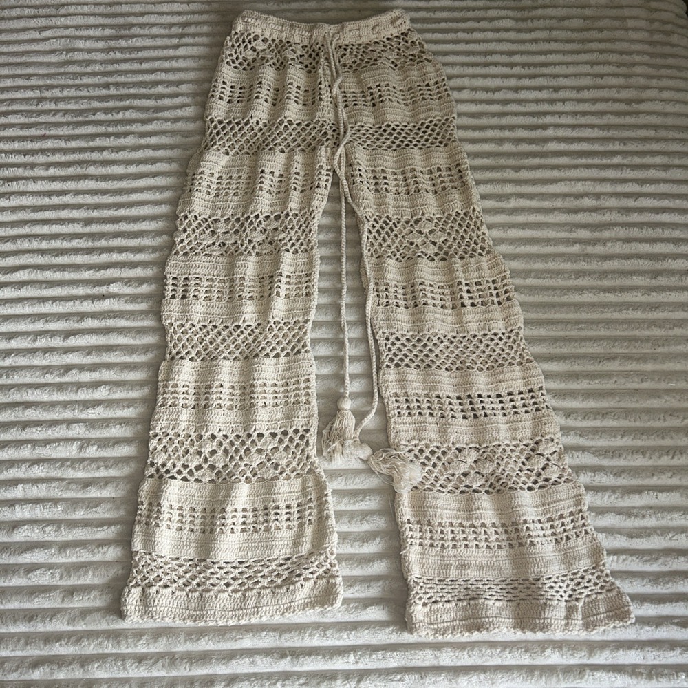 Akoia Swim Crochet Pants Womens XS Sheer Cream Surfer Hippie Flare Beach Boho